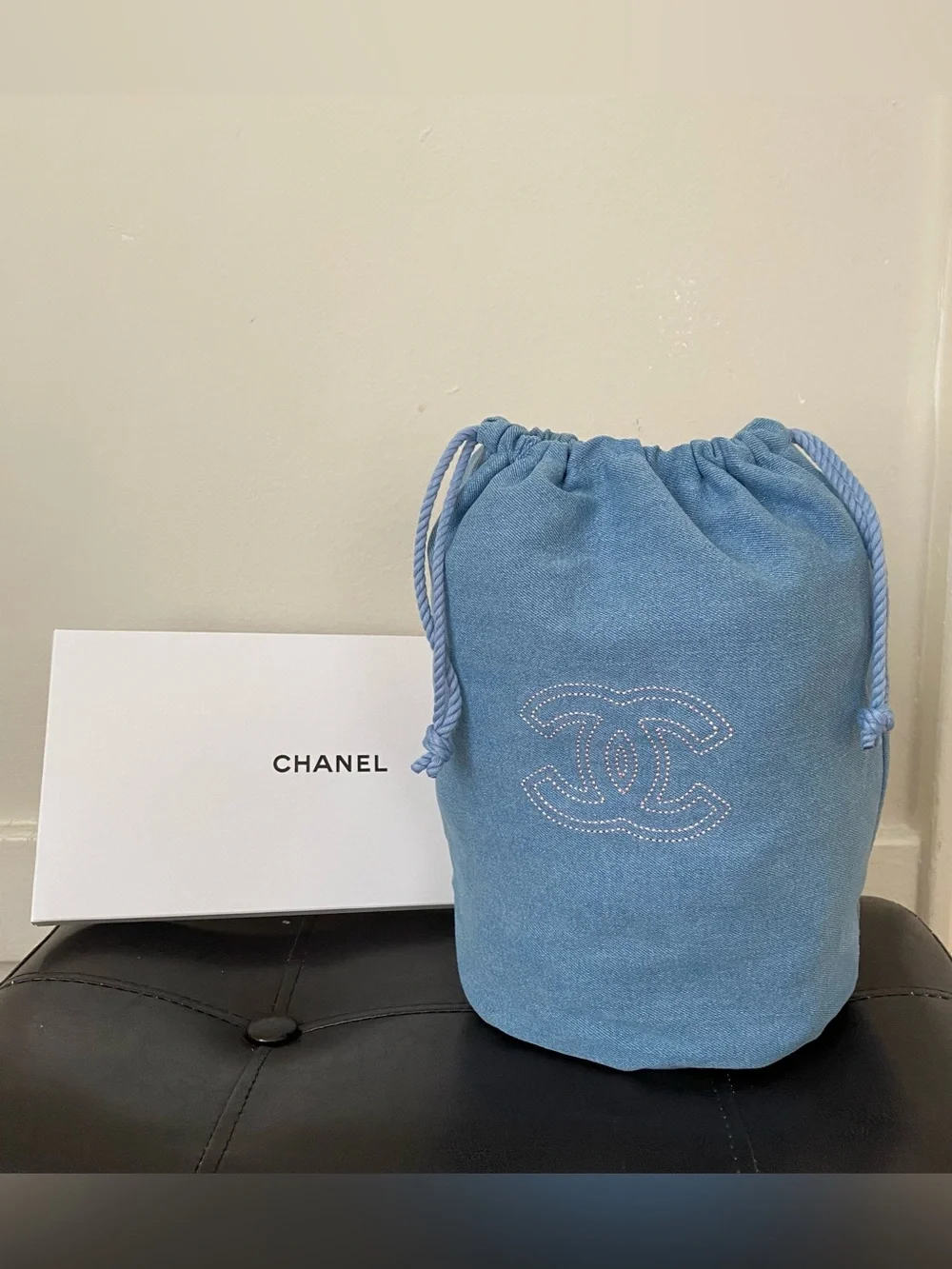 New Chanel Beauty GWP Light Blue Denim Drawstring Pouch Makeup Cosmetic Bag